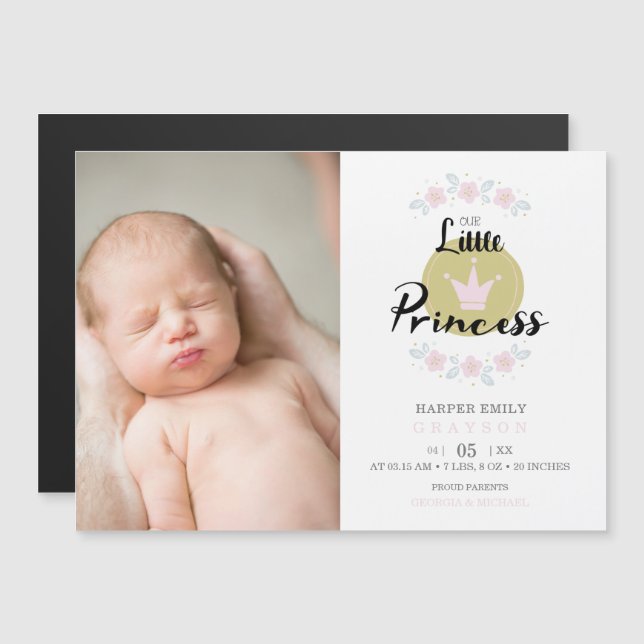 Carte Magnétique Pink Floral Garland Princess Crown Newborn Girl  (Devant / Derrière)