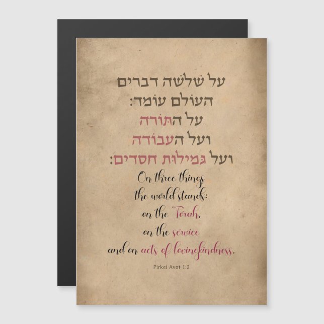 Carte Magnétique Pirkei Avot "On Three Things the World Stands" (Devant / Derrière)