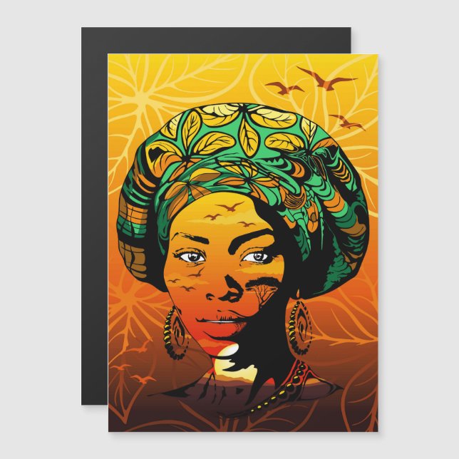 Carte Magnétique Portrait féminin africain avec coucher de soleil (Devant / Derrière)