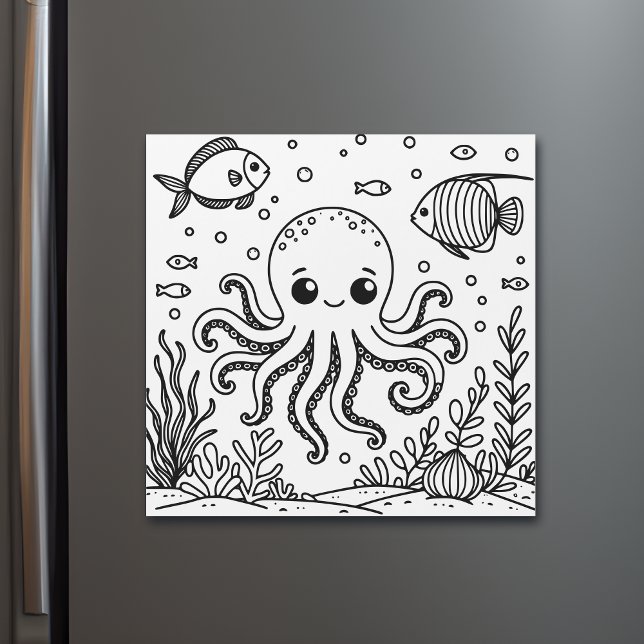 Carte Magnétique poulpe et poisson mignons | Page de coloriage de l (Créateur téléchargé)