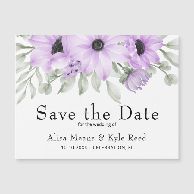 Carte Magnétique Purple Floral Enregistrer la date de l'annonce Mag (Devant)