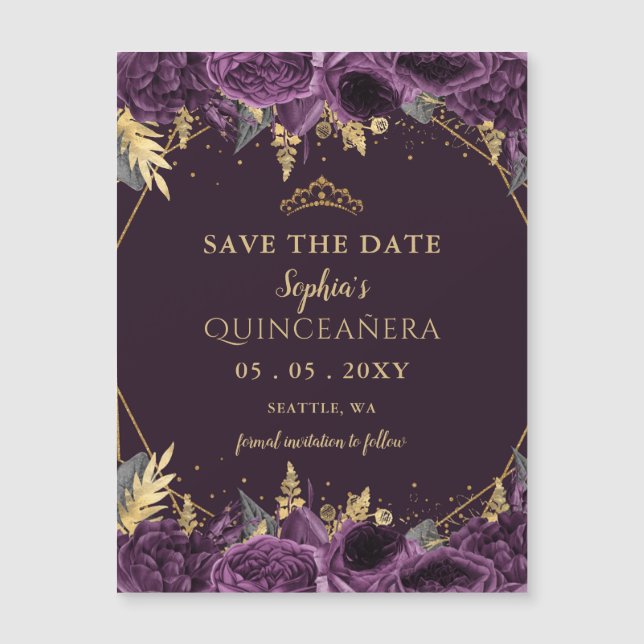 Carte Magnétique Purple Gold Floral Quinceañera Enregistrer la date (Devant)