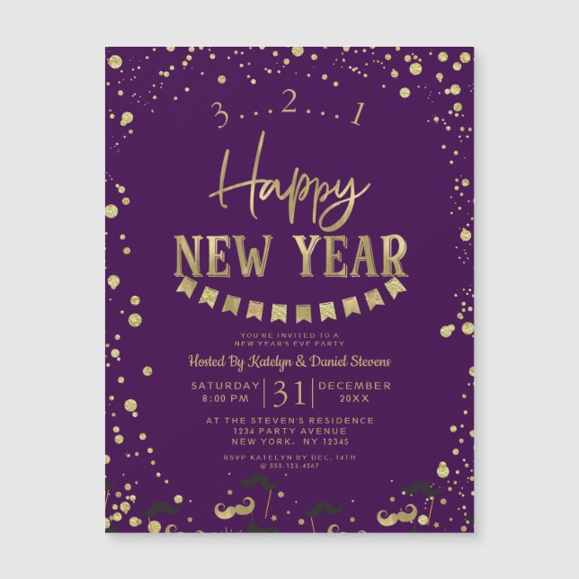 Carte Magnétique Purple & Gold Foil Confetti fête de la Saint-Sylve (Devant)