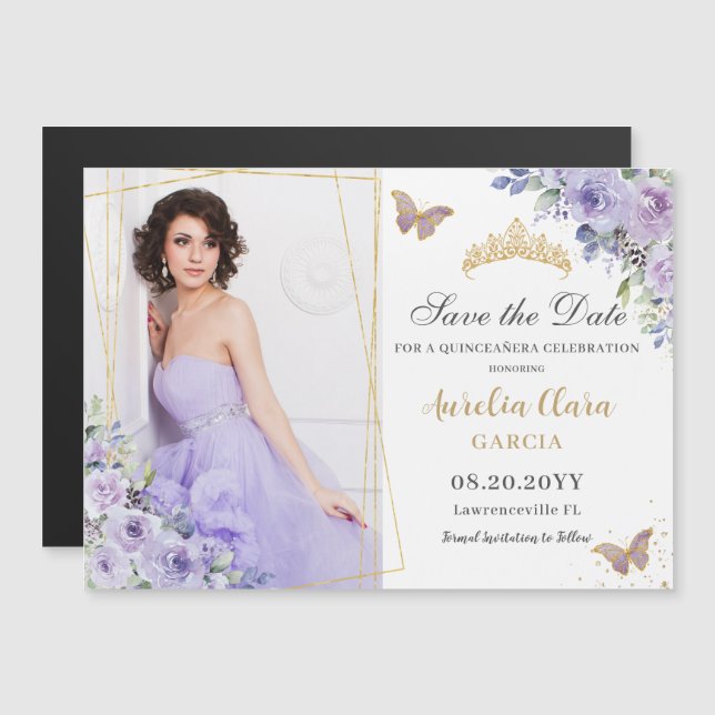 Carte Magnétique Purple Lilac Floral or Quinceañera Enregistrer la  (Devant / Derrière)