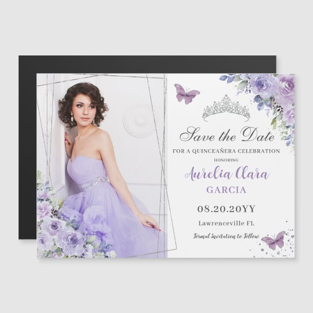 Carte Magnétique Purple Lilac Floral Quinceañera 16e Enregistrer la (Devant / Derrière)