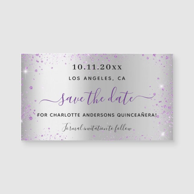 Carte Magnétique Quinceanera argent violet enregistrer l'aimant de  (Devant)