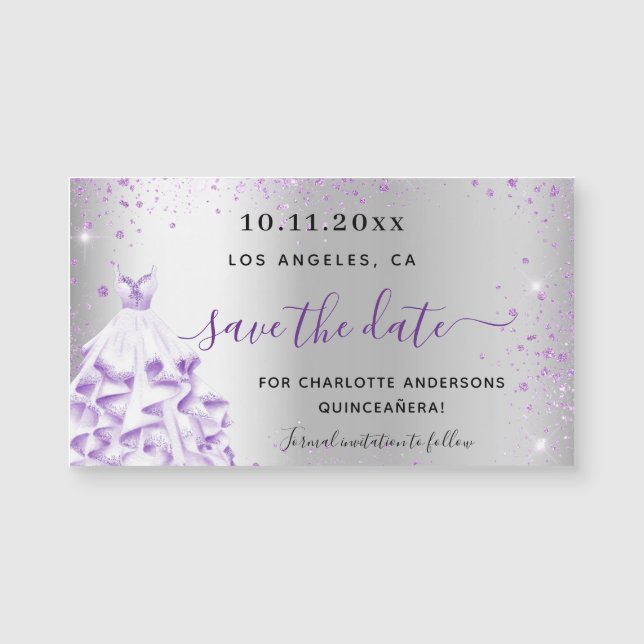 Carte Magnétique Quinceanera argent violet enregistrer l'aimant de  (Devant)