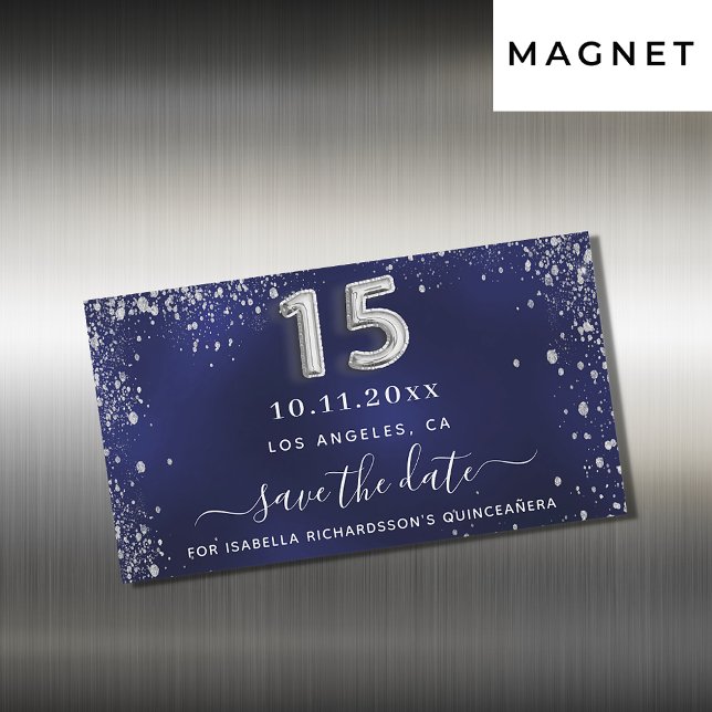 Carte Magnétique Quinceanera bleu marine argent enregistrer la date (Créateur téléchargé)