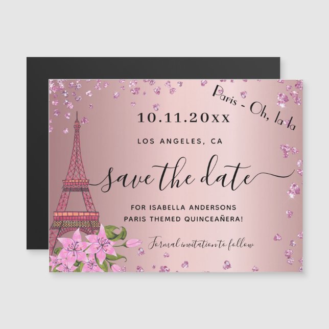 Carte Magnétique Quinceanera blush rose paris enregistrer la date a (Devant / Derrière)