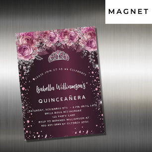 Carte Magnétique Quinceanera bordeaux rose tiara luxe