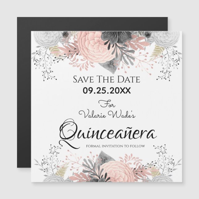 Carte Magnétique Quinceanera florale rose vif Enregistrer la date (Devant / Derrière)