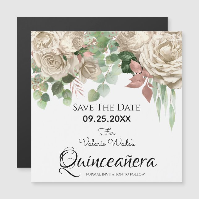 Carte Magnétique Quinceanera rose florale Sauvez la date (Devant / Derrière)