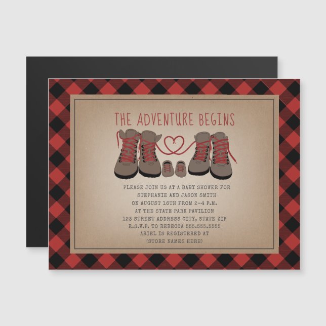 Carte Magnétique Randonnées Boots Buffalo Plaid Adventure Baby show (Devant / Derrière)