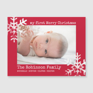 Carte Magnétique Red Baby Holiday First Christmas Photo Snowflakes