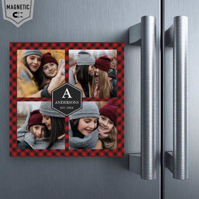 Carte Magnétique Red Buffalo Plaid Lumberjack Family Photo Collage (Créateur téléchargé)