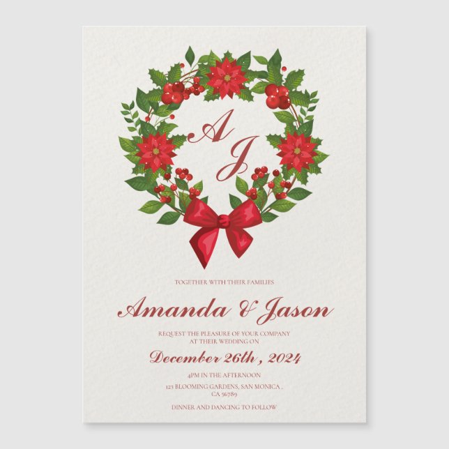 Carte Magnétique Red Green Poinsettia Berries mariage de Noël (Devant)