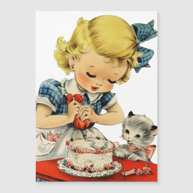 Carte Magnétique Rétro Anniversaire Fille Cake Cat Enfants Artwork (Devant)