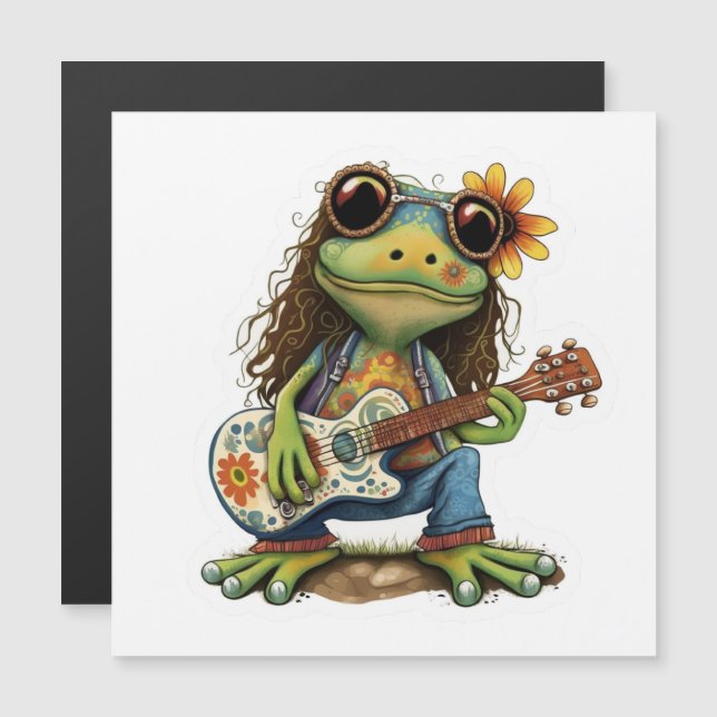 Carte Magnétique Retro Funny Hippie Frog Porter du verre Jouer Pian (Devant / Derrière)