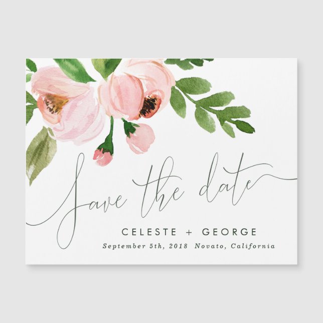 Carte Magnétique romantique rose rose floral enregistrer la date (Devant)
