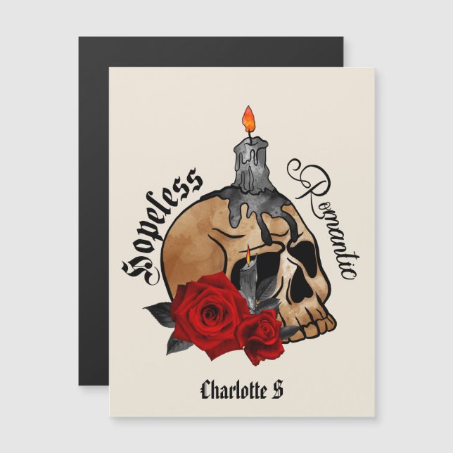 Carte Magnétique Romantique sans espoir - Crâne gothique, Rose roug (Devant / Derrière)