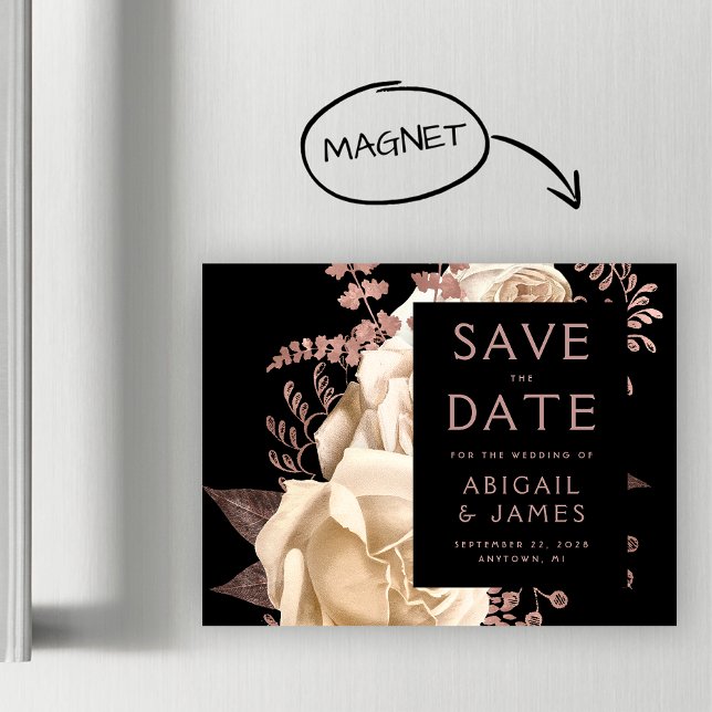Carte Magnétique Rose d'ivoire floral or noir magnétique Enregistre (Créateur téléchargé)