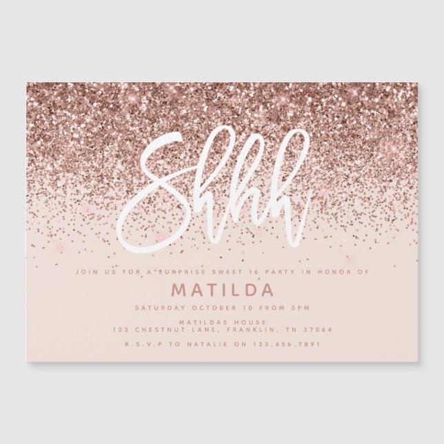 Carte Magnétique Rose or girly parties scintillant moderne surprise (Devant)