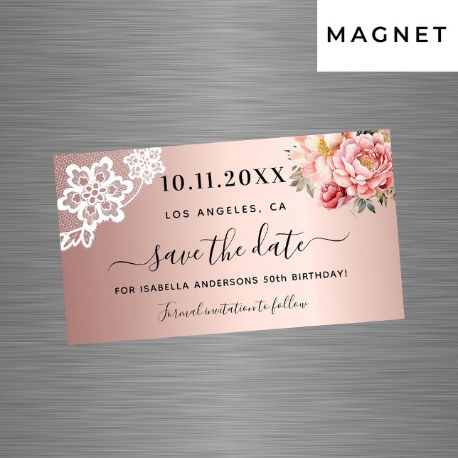 Carte Magnétique Rose or rose dentelle anniversaire Enregistrer l'a (Créateur téléchargé)