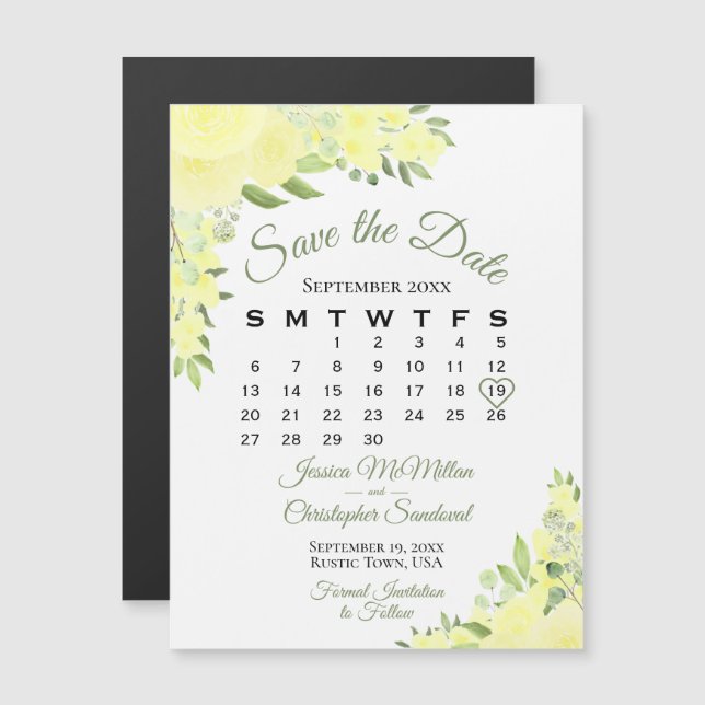 Carte Magnétique Roses floraux jaunes Sauvegarder la date Calendrie (Devant / Derrière)