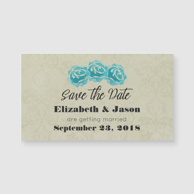 Carte Magnétique Roses turquoises d'aquarelle sur Tan Damask Enregi (Devant)