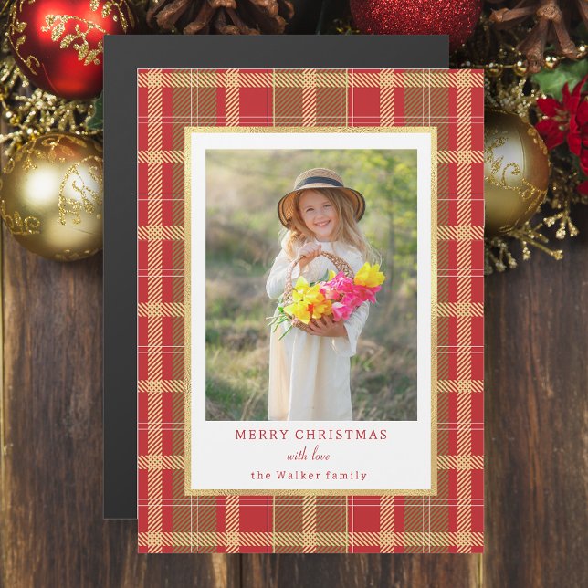 Carte Magnétique Rouge rustique chaud & Gold Plaid Photo (Créateur téléchargé)