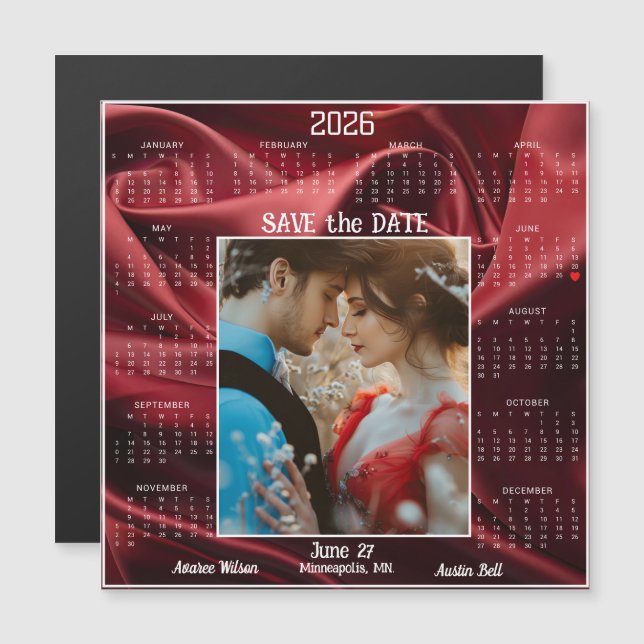 Carte Magnétique Ruby Red Luxury Satin Save the Date Engaged Couple (Devant / Derrière)