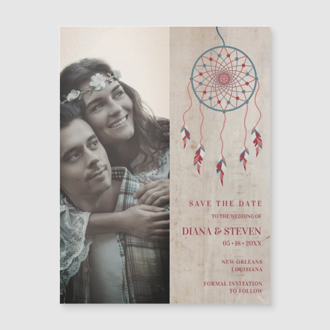 Carte Magnétique Rustic Boho Dreamcatcher Photo Enregistrer la date (Devant)
