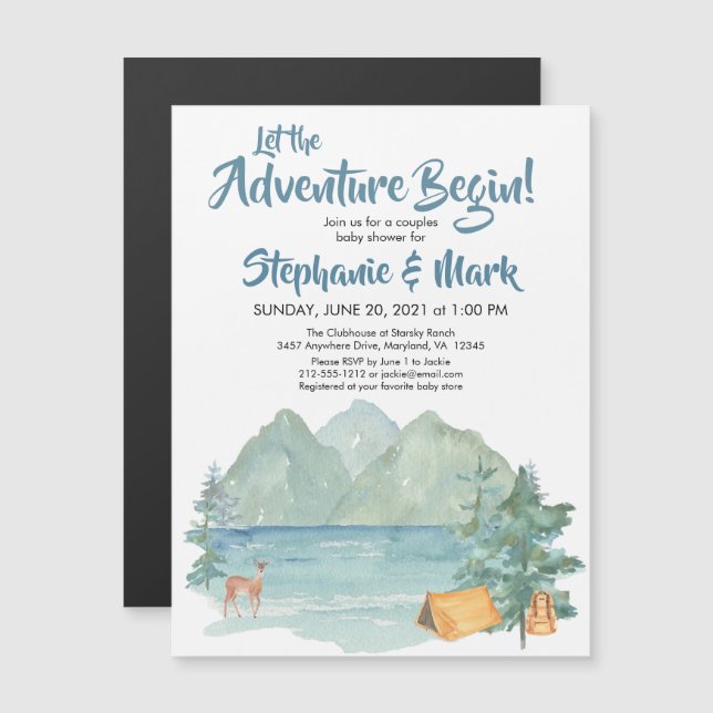 Carte Magnétique Rustic Mountains Baby shower de camping aventure (Devant / Derrière)