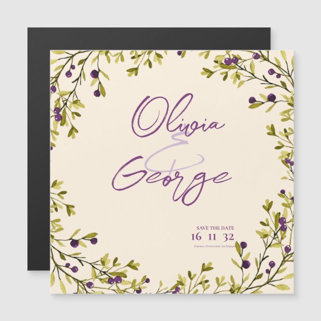 Carte Magnétique Rustic Purple Berry Greenery Wedding Save the Date (Devant / Derrière)