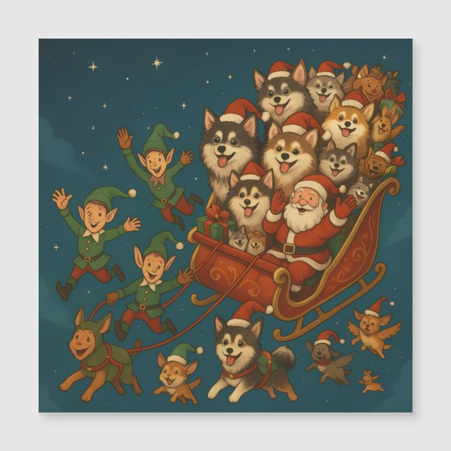 Carte Magnétique Santa with joyous pups and elves! (Devant)