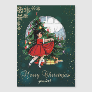 Carte Magnétique Sapin de Noël Vintage, Petite Fille Flocons de Nei