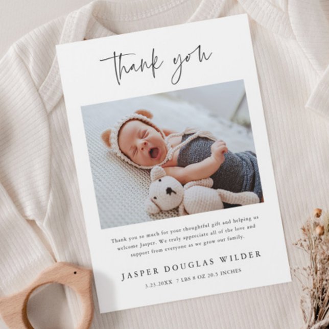 Carte Magnétique Simple Baby Photo Birth Stats Thank You Card (Simple modern script baby photo thank you card announcements.)