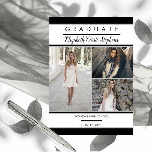 Carte Magnétique Simple Classy Trois Photo Noir   Diplôme blanc