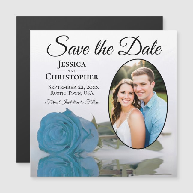 Carte Magnétique Sky Blue Rose Wedding Enregistrer La Date Photo Ma (Devant / Derrière)