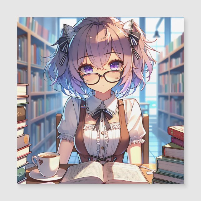 Carte Magnétique Smart Anime Girl in Library Reading Books (Devant)
