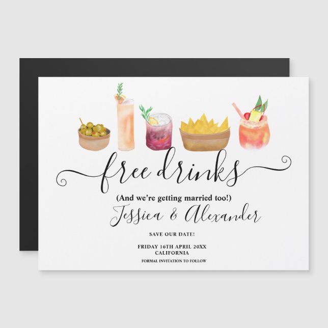 Carte Magnétique Snacks modernes cocktails aquarelle enregistrer la (Devant / Derrière)