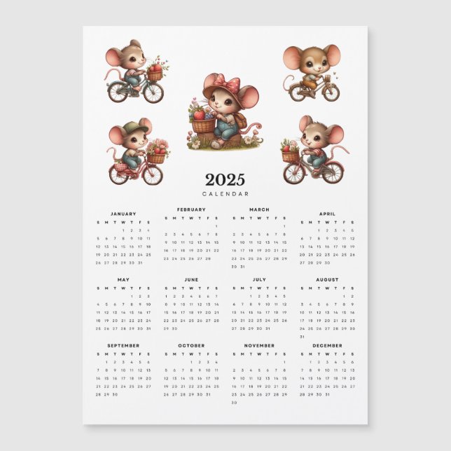 Carte Magnétique Souris Whimsical sur bicyclettes 2025 Calendrier m (Devant)