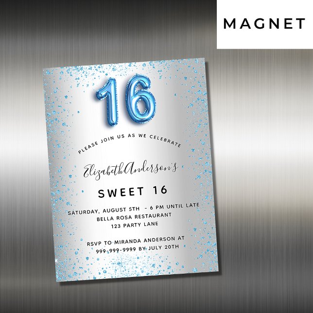 Carte Magnétique Sweet 16 parties scintillant bleu argent aimant in (Créateur téléchargé)