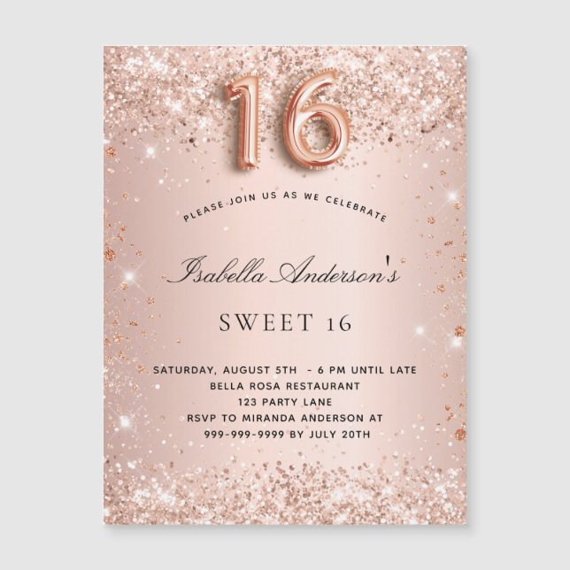 Carte Magnétique Sweet 16 rose or rousse parties scintillant invita (Devant)