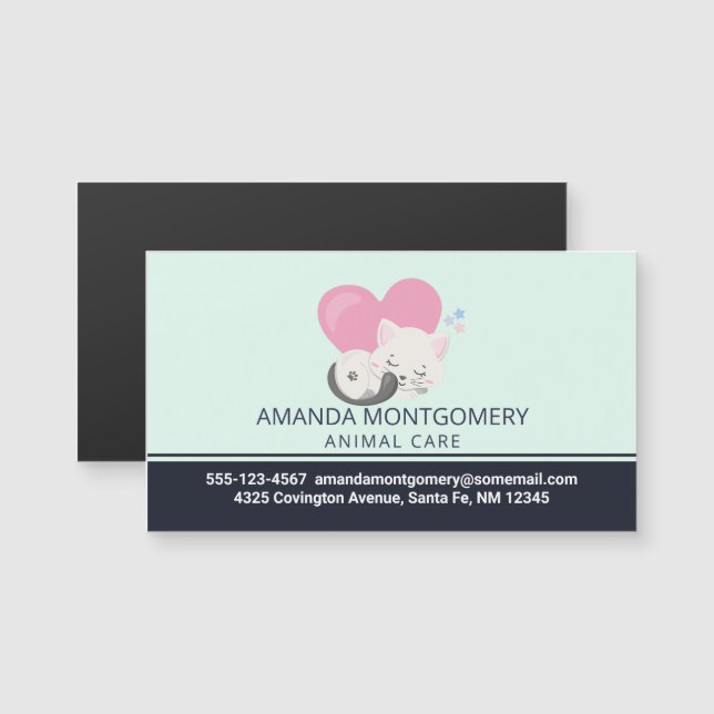 Carte Magnétique Sweet Kitty Chat Dormir avec un grand coeur rose (Devant / Derrière)