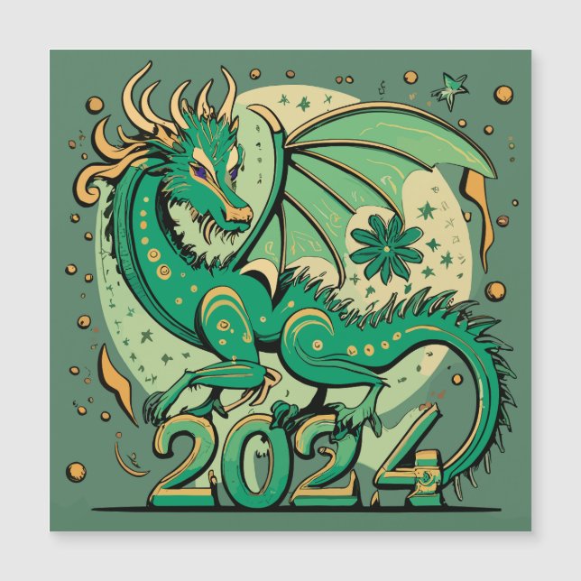 Carte Magnétique Symbole 2024 Nouvel An, Dragon de Bois Vert (Devant)