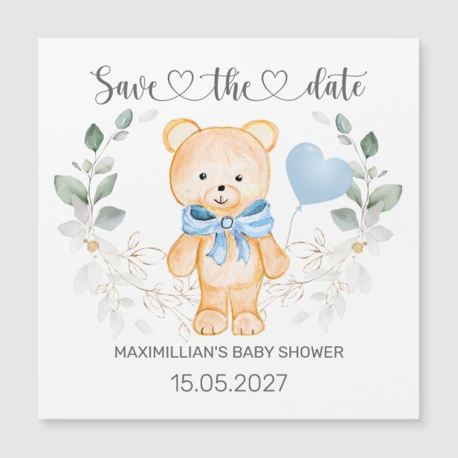Carte Magnétique Teddy Bear Boy Baby shower Enregistrer la date (Devant)