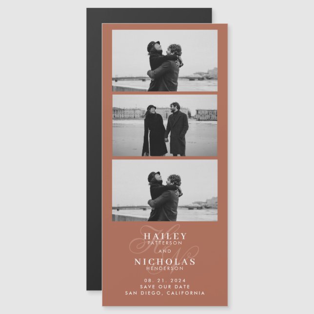 Carte Magnétique Terracotta Monogramme Bande Photo Mariage magnétiq (Devant / Derrière)