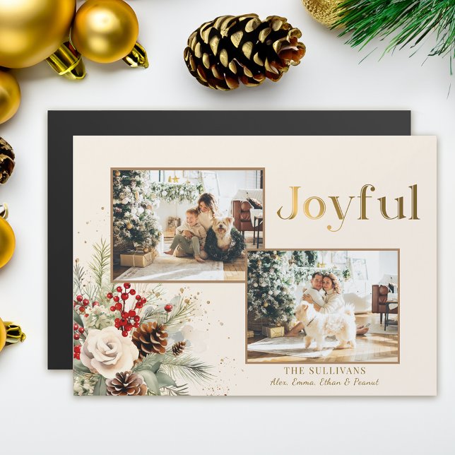 Carte Magnétique Texte joyeux de Noël Floral Or 2-Photo (Créateur téléchargé)