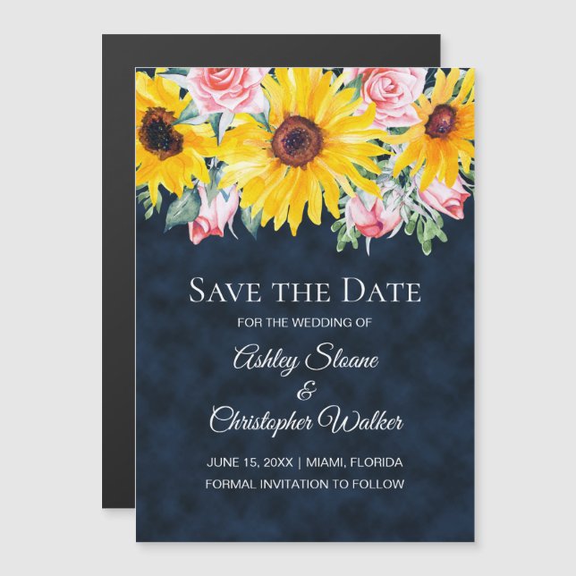 Carte Magnétique Tournesols Roses Roses Roses Rose Mariage bleu mar (Devant / Derrière)